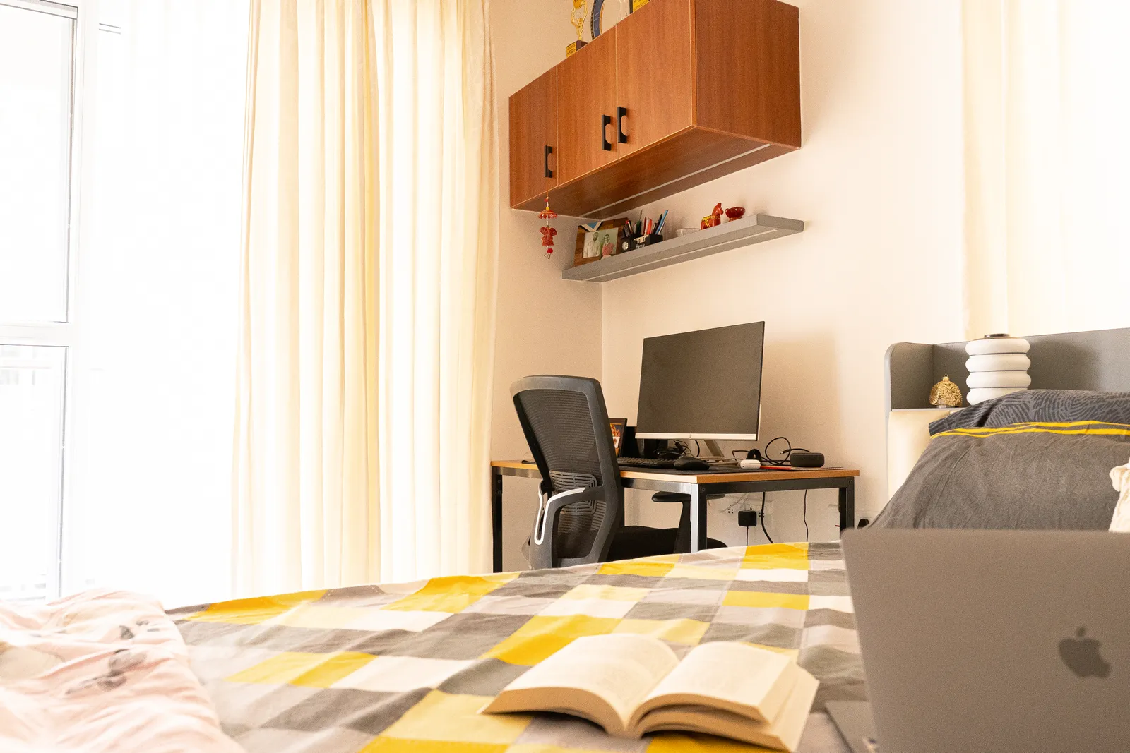 Study bedroom with wall-mounted teak cabinets and desk — Karthik's Residence